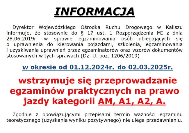 Wstrzymanie egzaminów na kategorie AM, A1, A2, A.