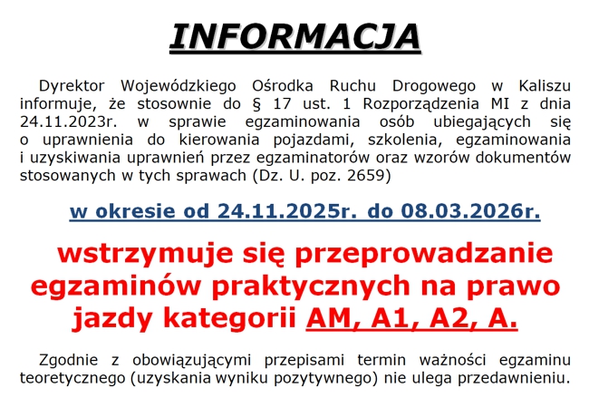 Wstrzymanie egzaminów na kategorie AM, A1, A2, A.